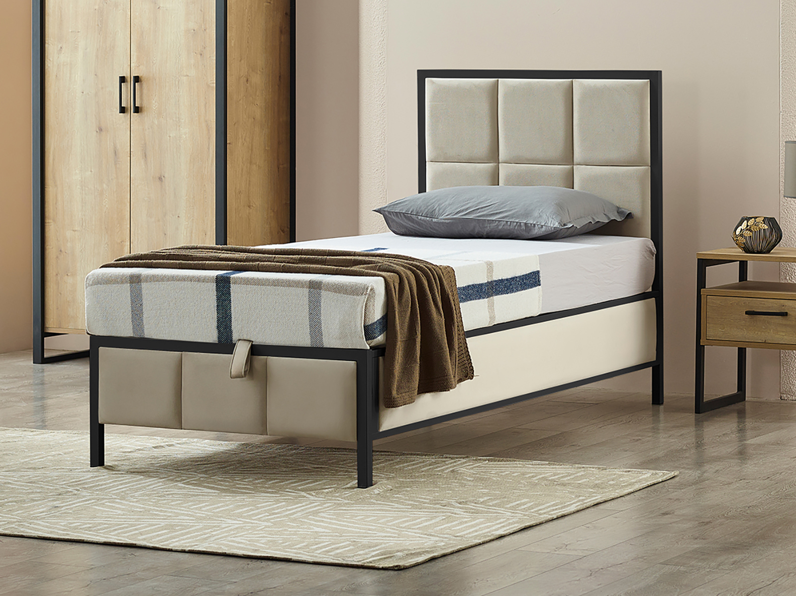 Gleam Single Bed Base with Upholstered Headboard